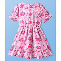 Pine Kids Woven Half Puffed Sleeves Frock with Floral Print - Pink