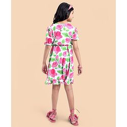 Pine Kids Woven Half Puffed Sleeves Frock with Bow Applique & Floral Print - Pink