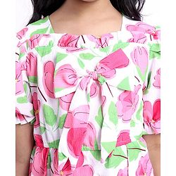 Pine Kids Woven Half Puffed Sleeves Frock with Bow Applique & Floral Print - Pink
