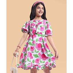 Pine Kids Woven Half Puffed Sleeves Frock with Bow Applique & Floral Print - Pink