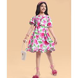 Pine Kids Woven Half Puffed Sleeves Frock with Bow Applique & Floral Print - Pink
