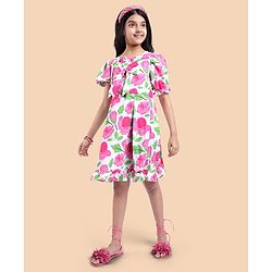 Pine Kids Woven Half Puffed Sleeves Frock with Bow Applique & Floral Print - Pink