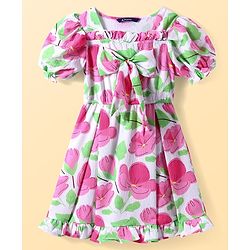 Pine Kids Woven Half Puffed Sleeves Frock with Bow Applique & Floral Print - Pink