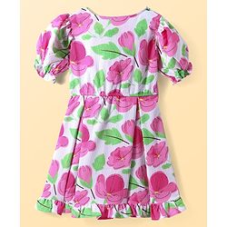 Pine Kids Woven Half Puffed Sleeves Frock with Bow Applique & Floral Print - Pink
