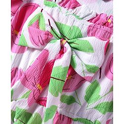 Pine Kids Woven Half Puffed Sleeves Frock with Bow Applique & Floral Print - Pink