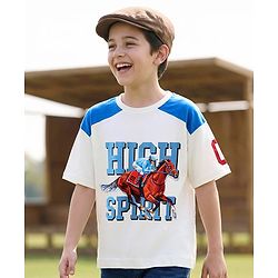 Pine Kids Cotton Knit T-Shirt With Half Raglan Sleeves & High Spirit Text Print - White