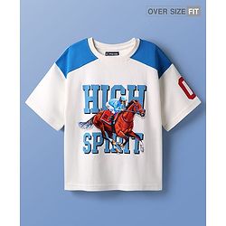 Pine Kids Cotton Knit T-Shirt With Half Raglan Sleeves & High Spirit Text Print - White