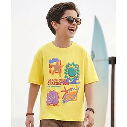Pine Kids Cotton Knit Half Sleeves Drop Shoulder T-Shirt with Beach Theme Text Print - Lemon Yellow