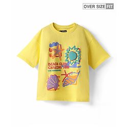 Pine Kids Cotton Knit Half Sleeves Drop Shoulder T-Shirt with Beach Theme Text Print - Lemon Yellow
