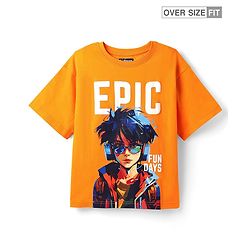 Pine Kids Cotton Knit Half Sleeves T-Shirt with Text Print - Orange