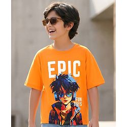 Pine Kids Cotton Knit Half Sleeves T-Shirt with Text Print - Orange