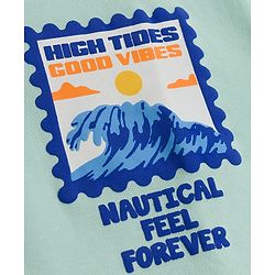 Pine Kids Cotton Knit Half Drop Shoulder Sleeves T-Shirt with Front & Back Nautical Theme Print - Sea Green