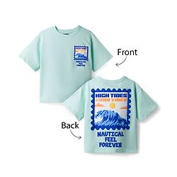 Pine Kids Cotton Knit Half Drop Shoulder Sleeves T-Shirt with Front & Back Nautical Theme Print - Sea Green