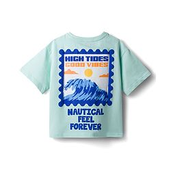Pine Kids Cotton Knit Half Drop Shoulder Sleeves T-Shirt with Front & Back Nautical Theme Print - Sea Green