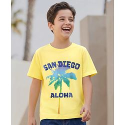 Pine Kids Cotton Knit Half Sleeves T-Shirt with Text Print - Yellow