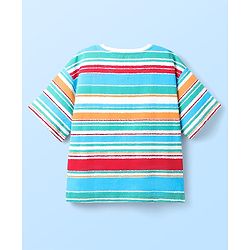 Pine Kids Cotton Knit Half Sleeves Striped T-Shirt with Beach Theme Print - Light Blue