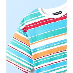 Pine Kids Cotton Knit Half Sleeves Striped T-Shirt with Beach Theme Print - Light Blue