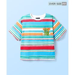 Pine Kids Cotton Knit Half Sleeves Striped T-Shirt with Beach Theme Print - Light Blue