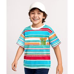 Pine Kids Cotton Knit Half Sleeves Striped T-Shirt with Beach Theme Print - Light Blue