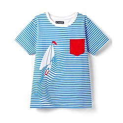 Pine Kids Cotton Knit Half Sleeves Shoulder Drop T-Shirt With Stripes & Nautical Theme Print - Blue & White
