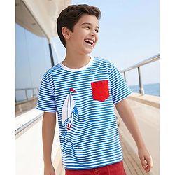 Pine Kids Cotton Knit Half Sleeves Shoulder Drop T-Shirt With Stripes & Nautical Theme Print - Blue & White