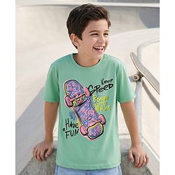 Pine Kids Cotton Knit Half Sleeves T-Shirt With Skate Theme Print - Mint
