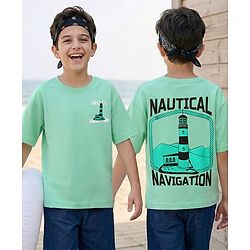 Pine Kids Cotton Knit Half Drop Shoulder Sleeves T-Shirt with Nautical Text Print - Light Green
