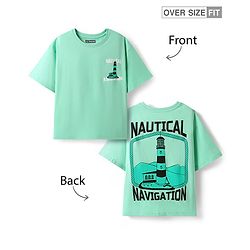 Pine Kids Cotton Knit Half Drop Shoulder Sleeves T-Shirt with Nautical Text Print - Light Green