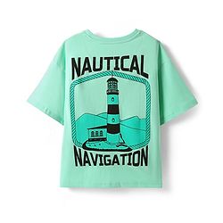 Pine Kids Cotton Knit Half Drop Shoulder Sleeves T-Shirt with Nautical Text Print - Light Green