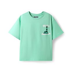 Pine Kids Cotton Knit Half Drop Shoulder Sleeves T-Shirt with Nautical Text Print - Light Green