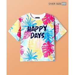 Pine Kids Cotton Knit Half Drop Shoulder Sleeves T-Shirt with Happy Days Text Print - White