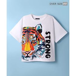 Pine Kids Cotton Knit Half Drop Shoulder Sleeves T-Shirt with Animal & Strong Text Print - White