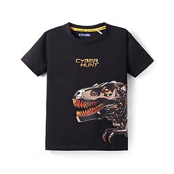 Pine Kids Cotton Knit Half Sleeves T-Shirt With Dino & Cyber Hunt Text Print - Black