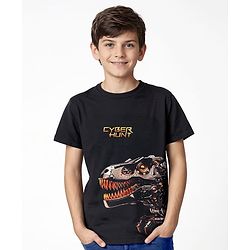 Pine Kids Cotton Knit Half Sleeves T-Shirt With Dino & Cyber Hunt Text Print - Black