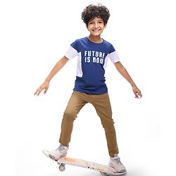 Pine Kids Cotton Knit Half Sleeves T-Shirt with Text Print - Navy Blue