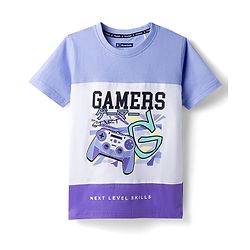 Pine Kids Cotton Knit Half Sleeves Cut & Sew T-Shirt With Gamers Text Print - White & Purple