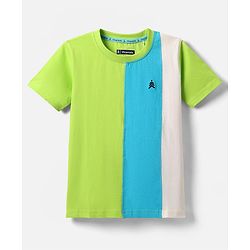 Pine Kids Cotton Knit Half Sleeves Color Black T-Shirt With Logo Print - Limegreen & Light Blue