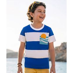 Pine Kids Cotton Knit Half Sleeves T-Shirt With Stripes & Pocket with Beach Print - White & Blue