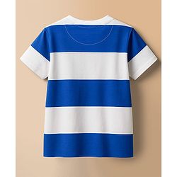 Pine Kids Cotton Knit Half Sleeves T-Shirt With Stripes & Pocket with Beach Print - White & Blue