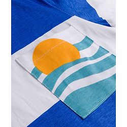 Pine Kids Cotton Knit Half Sleeves T-Shirt With Stripes & Pocket with Beach Print - White & Blue