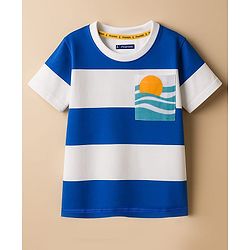 Pine Kids Cotton Knit Half Sleeves T-Shirt With Stripes & Pocket with Beach Print - White & Blue