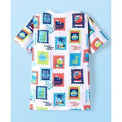 Pine Kids Cotton Knit Half Sleeves T-Shirt with Beach Theme Print - White