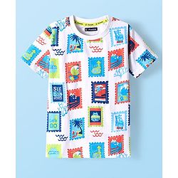 Pine Kids Cotton Knit Half Sleeves T-Shirt with Beach Theme Print - White