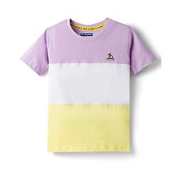 Pine Kids Cotton Knit Half Sleeves T-Shirt With Cut & Sew & Boat Embroidery - White Yellow  & Plum
