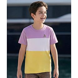 Pine Kids Cotton Knit Half Sleeves T-Shirt With Cut & Sew & Boat Embroidery - White Yellow  & Plum