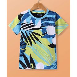 Pine Kids Cotton Knit Half Sleeves T-Shirt with Tropical Print - White & Blue