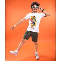 Pine Kids Cotton Knit Half Sleeves T-Shirt with Tiger Print - White