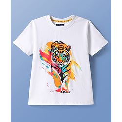 Pine Kids Cotton Knit Half Sleeves T-Shirt with Tiger Print - White