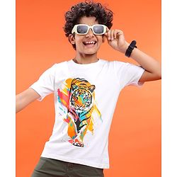 Pine Kids Cotton Knit Half Sleeves T-Shirt with Tiger Print - White