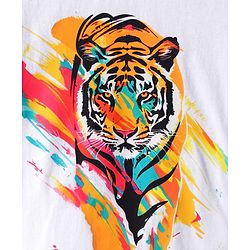 Pine Kids Cotton Knit Half Sleeves T-Shirt with Tiger Print - White